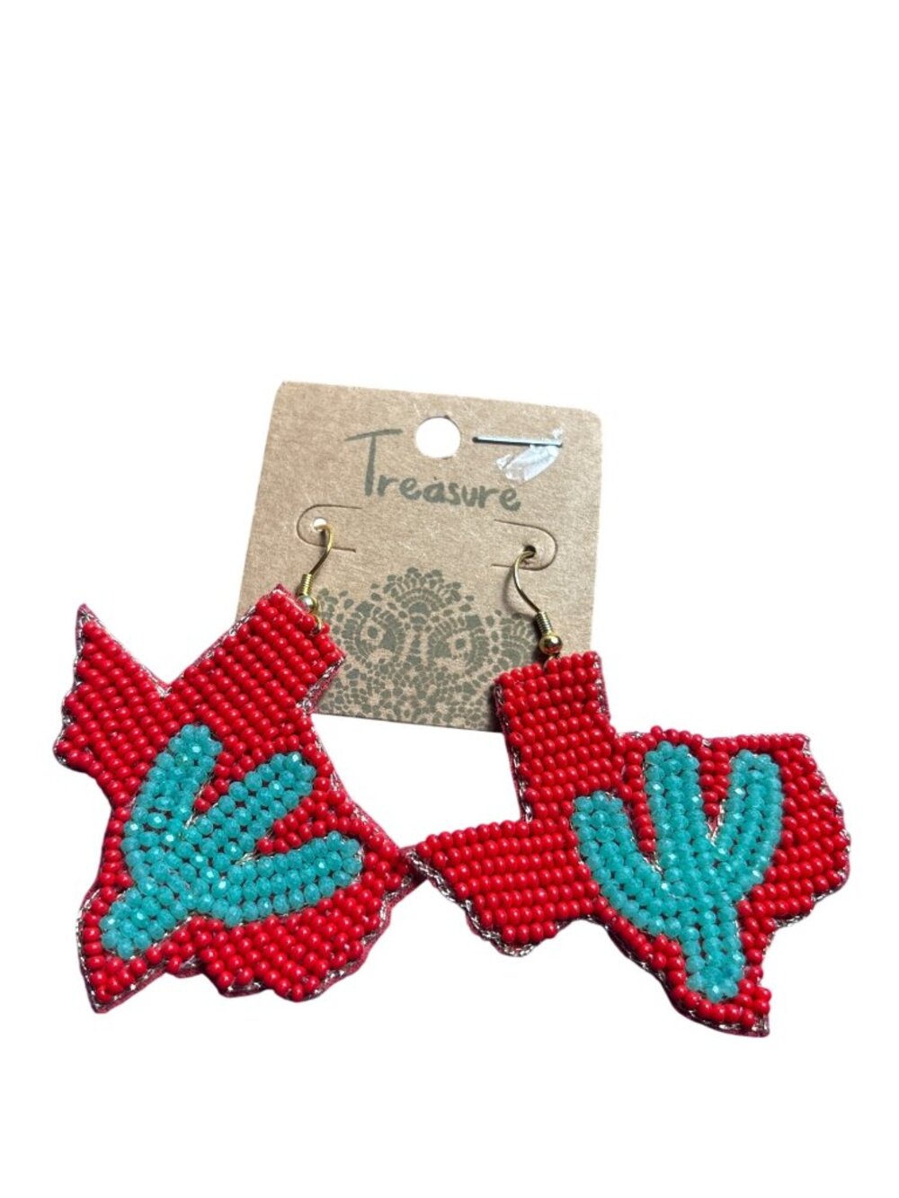Treasure Texas Seed Bead Dangle Earrings Red Green Cactus 2.25 inches New